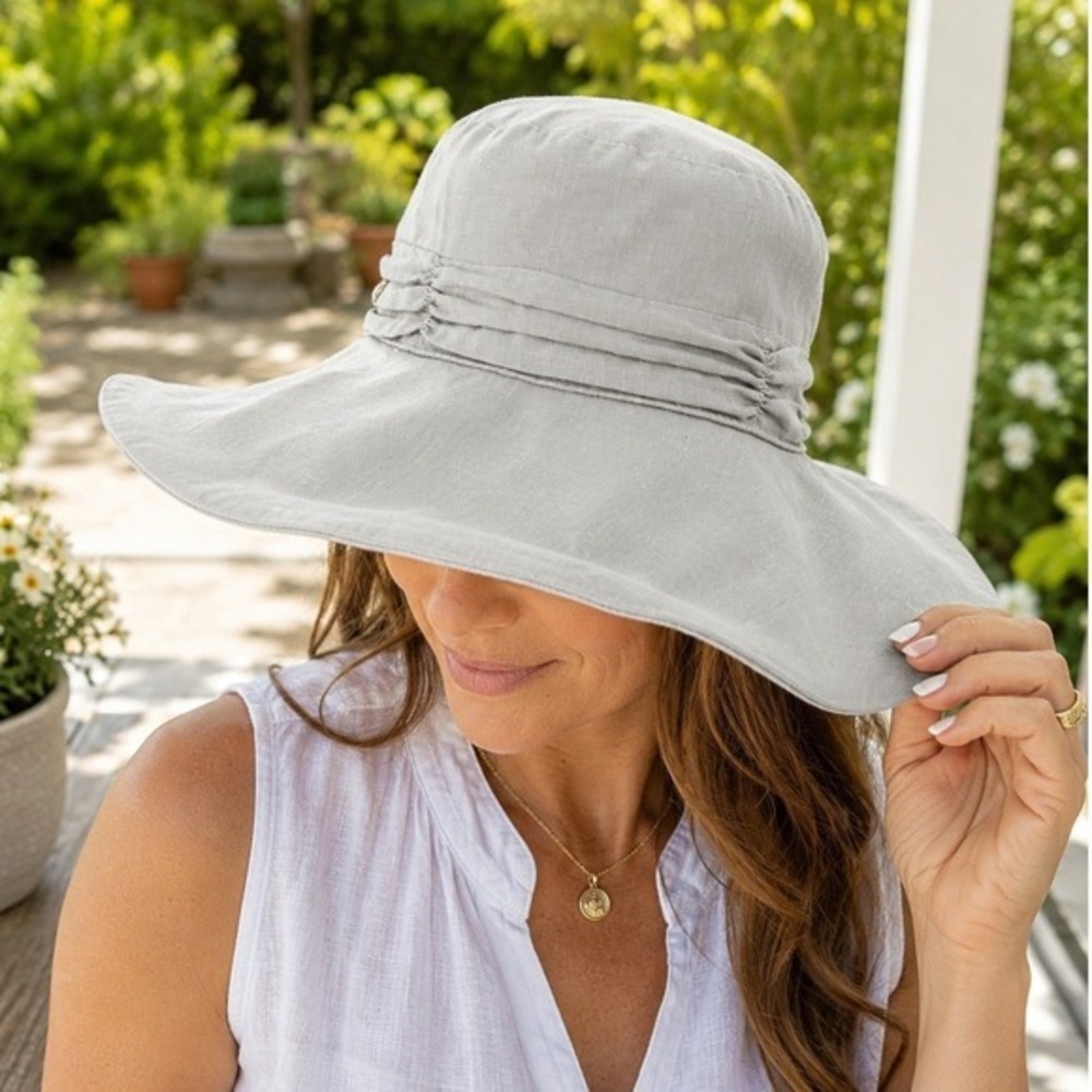 Helen Kaminski Sun Hat Womens One Size Stone Beige Linen Wide Brim Italy